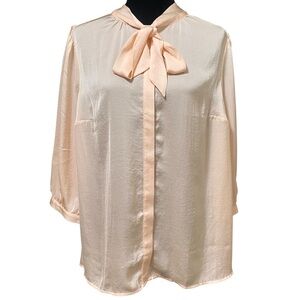 ModCloth HBIC Blouse 1X Blush Pink Silky Tie Neck Retro Office Top